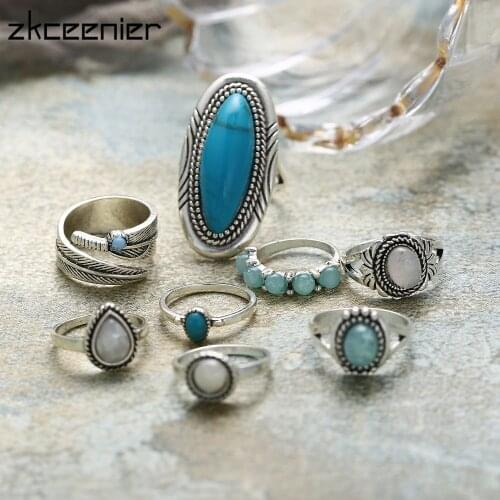 Fashion Party Jewelry Vintage Geometric Stone Opal Rings Set for Woman Bohemian Antique Silver Color Knuckle Shield Rings 8 Pcs