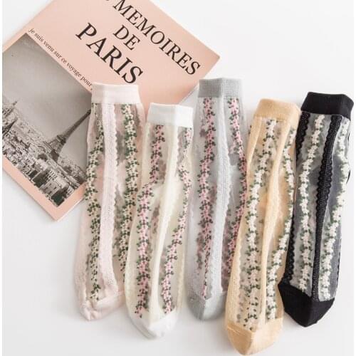 1 Pair Breathable Ultra Thin Socks Summer Women Transparent Lace Silk Crystal Rose Flower Girls Elastic Short Socks Female Sox