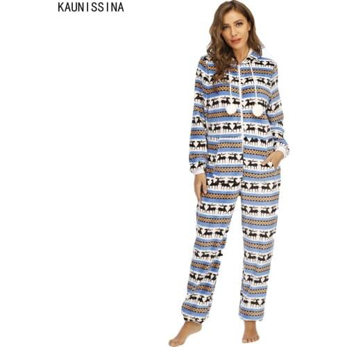 Long Sleeve Hooded Onsie Women One Piece Christmas Pajamas Flannel Warm Onesies For Adults Homewear Loose Plus Size Nightwear