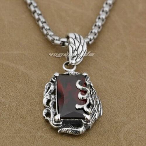 LINSION 925 Sterling Silver Flower Wing Red CZ Stone Mens Biker Rock Punk Pendant 9H027
