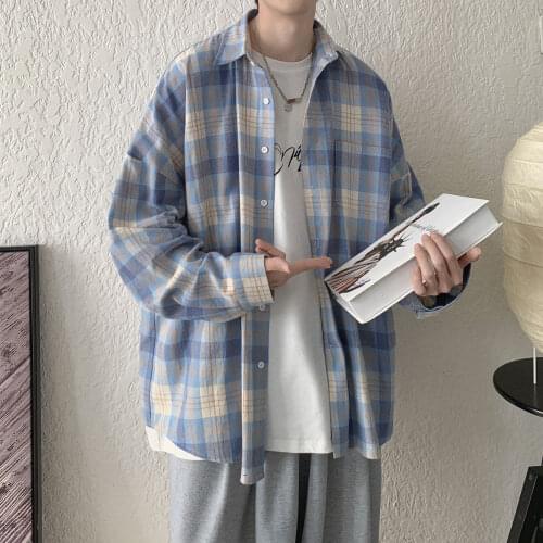 Casual Loose Shirt Men Long Sleeve Plaid Shirt Fashionable Chinese Clothing