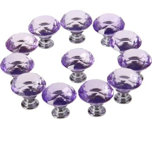 12Pcs Purple Crystal Knob For Furniture Drawer Wardrobe Cabinet Kitchen Pull Handle Home Decoration