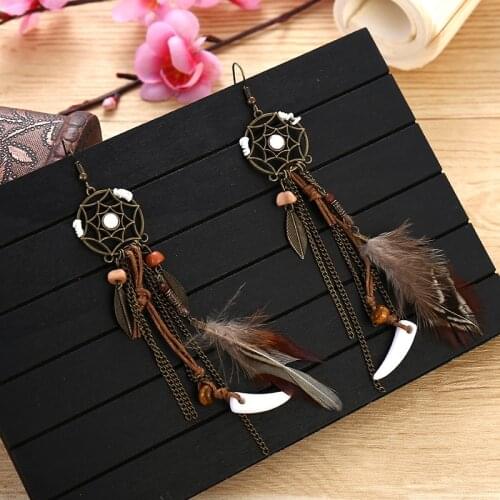 Round Retro Womens Dream Catcher Handmade Long Tassel Feather Earrings Female Wooden Bead pendant Earring Kolczyki Boho Jewelry