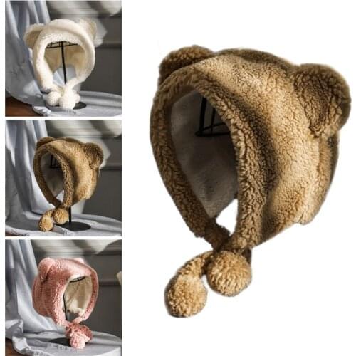 Women Winter Thicken Plush Earflap Hat Cute Cartoon Bear Ears Pompom Chin Strap Outdoor Windproof Thermal Beanies Trapper