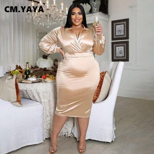 CM.YAYA Women Plus Size Dress Solid Full Sleeve Turn-down Collar Stretchy Bodycon Pencil Midi Dresses Office Lady Outfit Summer