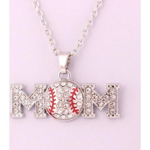 Sporty Rhinestone Baseball Mom Necklace Gift for Her / Gift Under Ten Clear Crystals with red Enamel