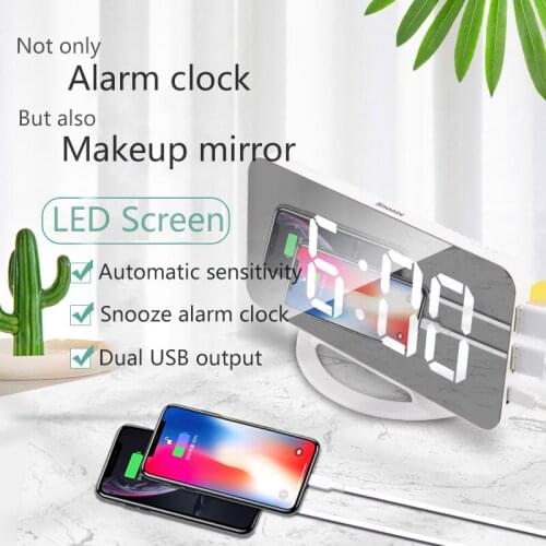 Mirror Digital Alarm Clock Automatic Light-sensitive Makeup Mirror Wall-mounted USB Charging Snooze Alarm Clock Home Accessories