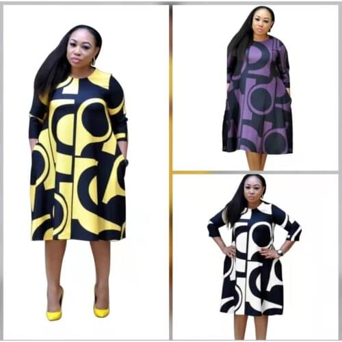 Fall/winter fashion plus size womens clothing Digital printing round neck mid-sleeve plus size dress women