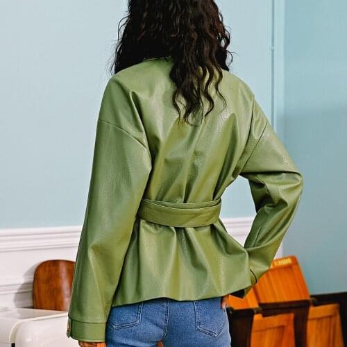 New Women Loose Pu Faux Soft Leather Green Jacket Turndown Collar Biker Overcoat Single Breasted Pocket Coat With Belt