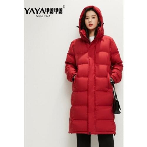 YAYA 2021 Womens Winter White Duck Down Jacket Thick Loose below knee longer Warm Down Overcoat Hood Windbreak Padded Outerwear