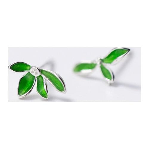 MloveAcc 925 Sterling Silver Jewelry Asymmetry Fresh Green Leaves Stud Earrings for Womens Girl Fashion Jewelry