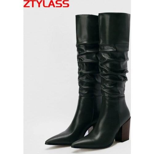 2021 Fashiob Black Pleated Knee High Boots Autumn Women Boots Pu Leather Square High Heel Long Boots Autumn Winter Woman Shoes