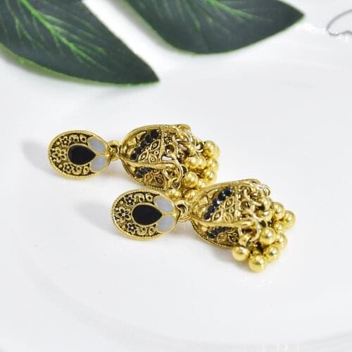 Ethnic Style Golden Bell Pendant Earrings Female Alloy Bohemian Rhinestone Earrings All-match Jewelry