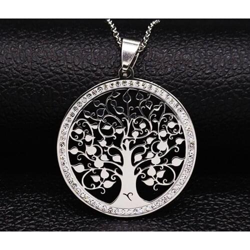 Tree of Life Crystal Stainless Steel Statement Necklace Women Silver Color Necklace Jewelry Christmas Gift collar mujer N28S03