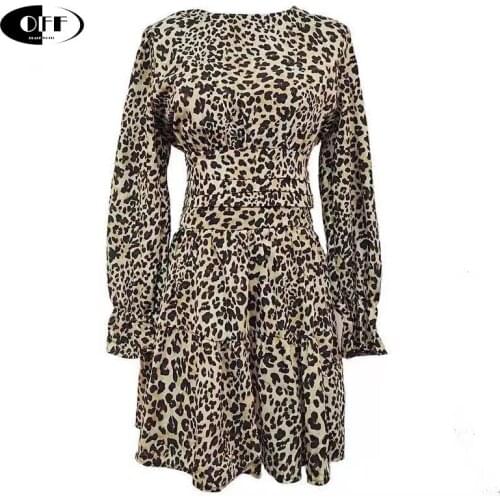 Women Casual Leopard Printed Mini Dress Autumn Full Sleeve High Waist O-Neck Fashion Elegant Streewear Short Dresses For Women