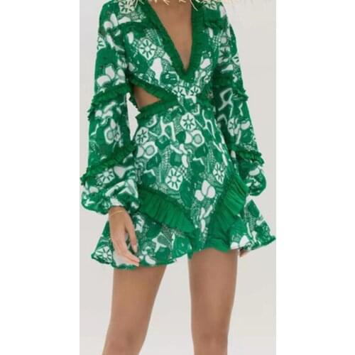 Aoshe Print Hollow Out Female Dress V Neck Long Sleeve High Waist Patchwork Ruffle 2021 Dresses Summer Fashion New