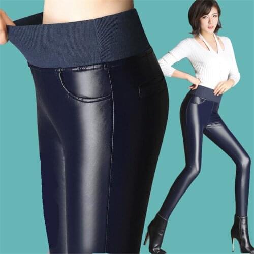2019 Winter Women Add Velvet Pu Pants Lady High Waist Long Pant Big Size S-6XL Warm Thicken Pants Pencil Trousers Outwear WZ615