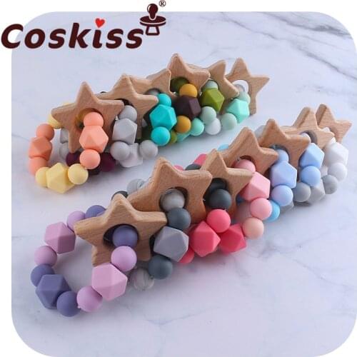 Coskiss 1pcs Silicone Bead Bracelet Nursing Teething Toys BPA Free Beech Wooden Star Bracelet DIY Baby Teether Bath Gift