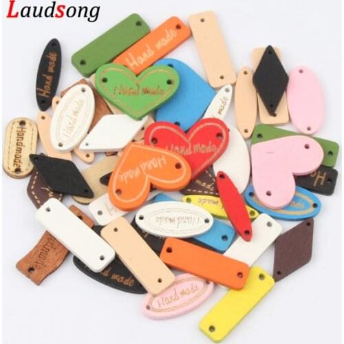 50Pcs Connectors "hand made" Decorative Wood Buttons 2 Holes Sewing Accessories Handmade Wooden Connectors Scrapbooking