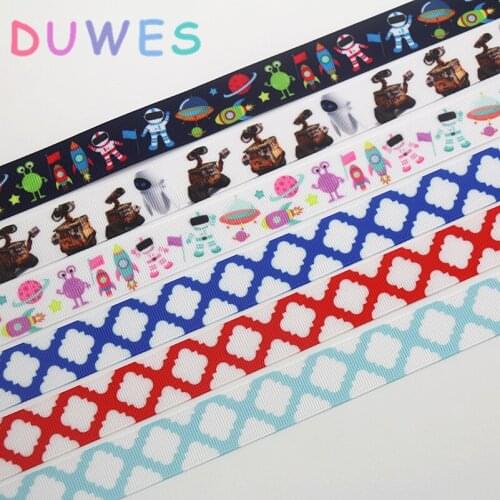 DUWES 50yards quatrefoil space robot printed grosgrain Ribbon Accessory hairbow headwear decoration Wholesale OEM D1045