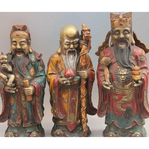 Chinese Old Bronze Color Painted Fukurokuju stars Three Lucky Men God Buddha Set