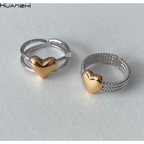 HUANZHI 2020 New Weave Heart-shaped Gold Silver Color Contrast Metal Geometric Hollow Opening Adjustable Rings For Women Jewelry