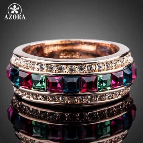 AZORA Rose Gold Color Multicolour Stellux Austrian Crystal Round Ring TR0101
