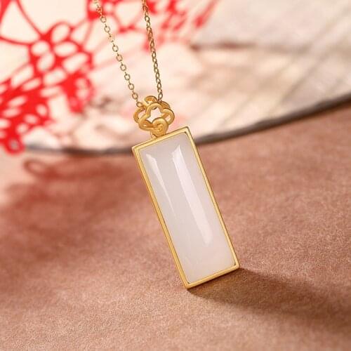 Natural 925 sterling silver gilded inlaid hetian jade white jade rectangle retro pendant jewellery fashion for women lucky