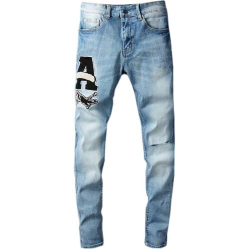 New mens male High street fashion brand washed old blue knife cut hole suede letter patch slim-fit jeans trend denim pants 676