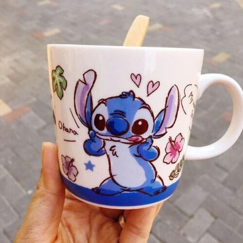 Original Disney Stitch Mickey Mouse Donald Duck Ceramic Water Cup Cartoon Chip and Dale Mug Anime Coffee Cup with Wooden Spoon