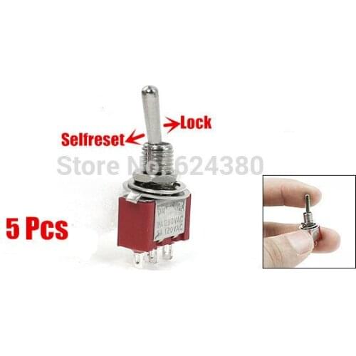 Selfreset Momentary Lock Toggle Switch SPDT 1P2T ON-OFF- (ON) 3 Three Position 3 Pins 250V / 2A 125V/ 5A AC x 5 Pcs / Lot