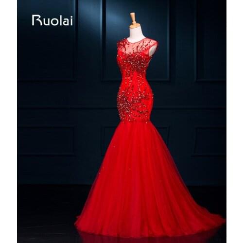Heavy Beading 2019 Vestido de Fiesta Scoop Sleeves Tulle Mermaid Evening Dresses Red Formal Prom Dress Evening Gown ASAFE12