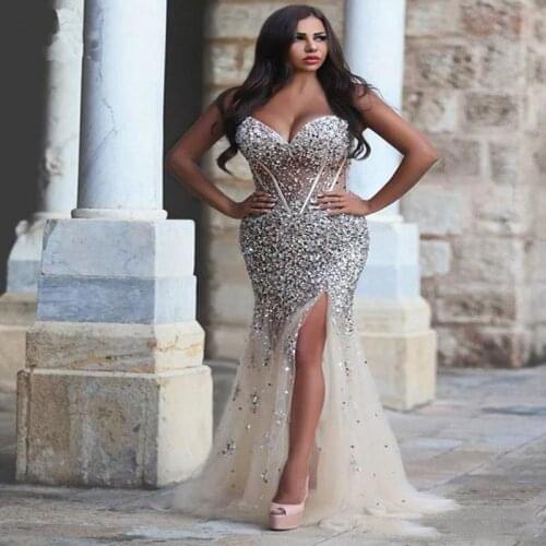 Luxury Crystals Plus Size Prom Dresses Sweetheart Neck Rhinestones Split Side Evening Gowns Mermaid Floor Length Long Beaded For