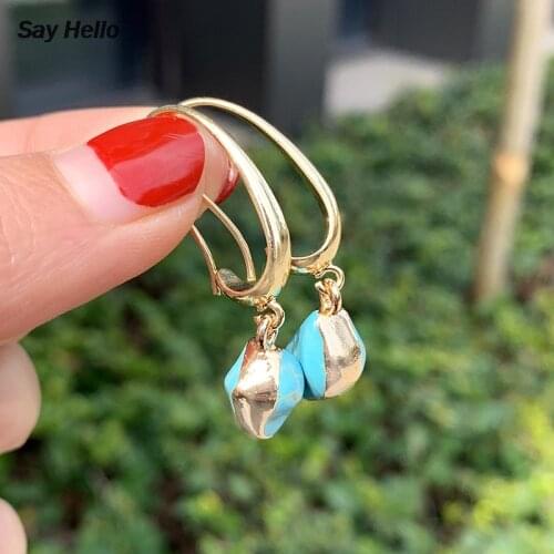 SAY HELLO Fashion Ear Shape Turquoises Earrings Drop Blue Stone Dangle Earrings Bohemia Handmade Vacation Jewelry NO CARD K2629