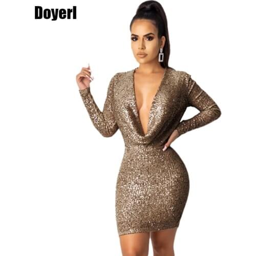 Sexy Sequin Mini Dress Women Long Sleeve V Neck Glitter Bling Bling Christmas Dress Slim Shiny Elegant Bodycon Club Party Dress