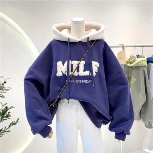 Hoodies Women Sweatshirts Letter MILF Print Harajuku Fleece Pullovers Jacket Full Sleeve Casual Hip Hop Winter Jacket Coats Tops