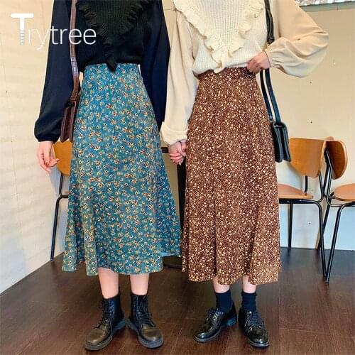Trytree 2020 Spring Autumn Casual Woman Skirt Silky Elastic Waist Polyester 2 Color Floral Streetwear Mid-Calf A-line Boho Skirt