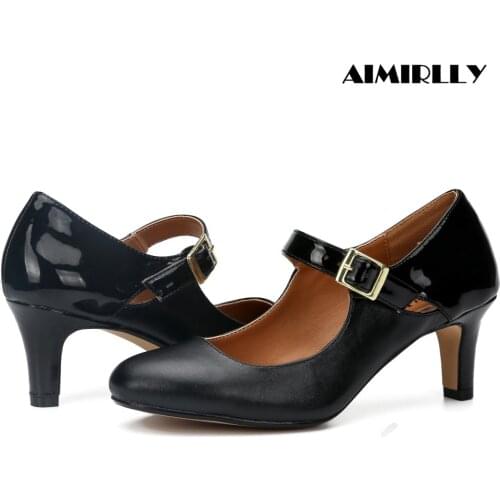 Womens Classic Round Toe Middle Heel Pumps Patent Leather &PU Patchwork Ladies Comfort Footwear For Work & Career Buckle Strap