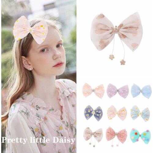 Yundfly 1 PCS 4.8" Boutique Princess Girls Daisy Flower Bowknot Barrettes Kids Tassle Flower Bows Hairpin Hair Clip Accessories