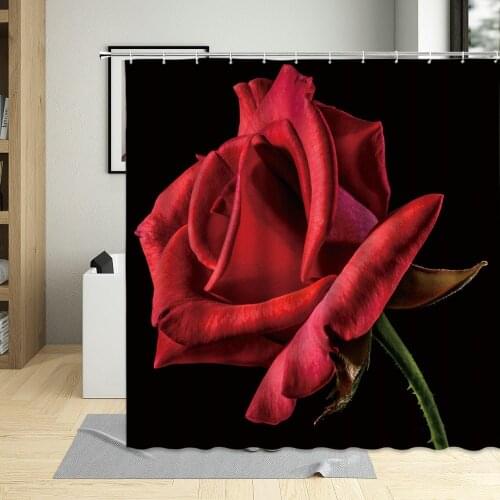 Red Rose Flower Black Background Art Decor Shower Curtain Waterproof Fabric Romantic Home Wall Screens Bathroom Curtains Set