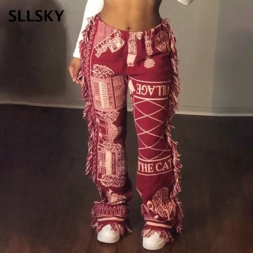 SLLSKY Tassel Patchwork Striped Print Jogger Pants Women Rave Festival Clothing Casual High Waist Bodycon Active Sweat Pants