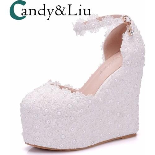 White Pearl Lace Wedding Shoe Beaded Wedges Super High Heel Round Toe Appliques Women Sandals with Platform for Party Banquet