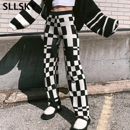 SLLSKY Knitted Plaid Pants Womens Summer High Waist Black And White Streetwear Vintage Y2K Fashion Checked Straight Trousers