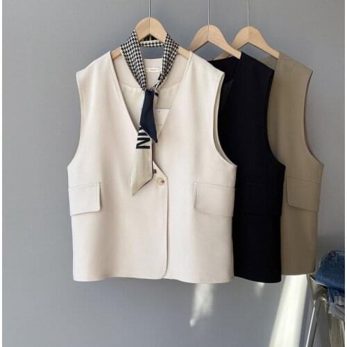 Simple Solid Temperament All Match Blazer Vest Women New Fashion Loose Suits Tank Top Spring Casual Pockets Waistcoat Female