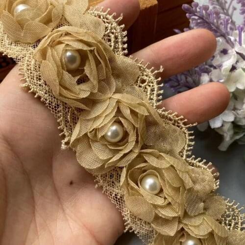 2 Yard Gold Pearl Soluble Flower Embroidered Lace Trim Ribbon Floral Applique Fabric Handmade Wedding Dress Sewing Craft New
