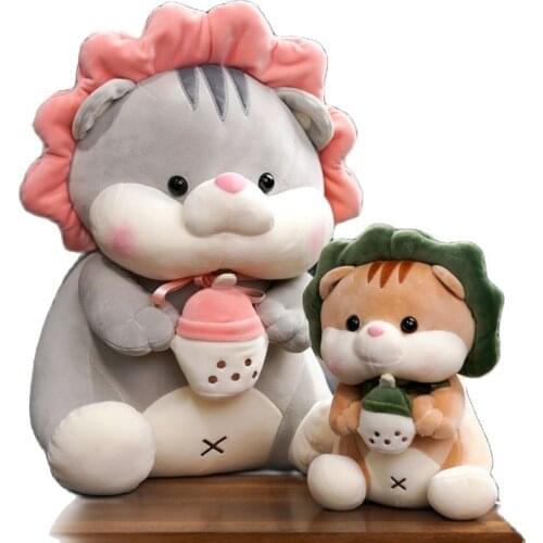23/35/45cm Cute Plush Cats Drinking Bubble Tea Toys Stuffed Soft Huggable Animal Flower Pillow Doll for Girls Kids Birthday Gift
