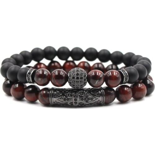 8mm 2PCS/Set xt3 elastic adjusted nature red bead Frosted agate Onyx micro pave cz zircon cubic zirconia tube Bracelet