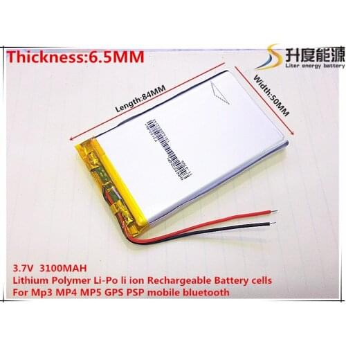 Free shipping 1pcs/lot 655084 3.7 V lithium polymer battery 3100 mah DIY mobile emergency power charging treasure battery