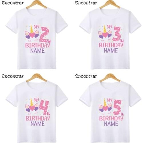 Cute Unicorn My 1-9 th Birthday Print Girls Tshirt Customize Name Cartoon Kids Present T-shirts Party Baby Children Tops,HKP2474