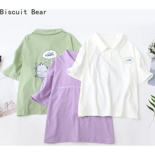 2021 Summer Women Cotton T-Shirts Harajuku Cartoon Cat Print Short Sleeve Turndown Collar Tee Shirt Female Basic Kawaii Cute Top